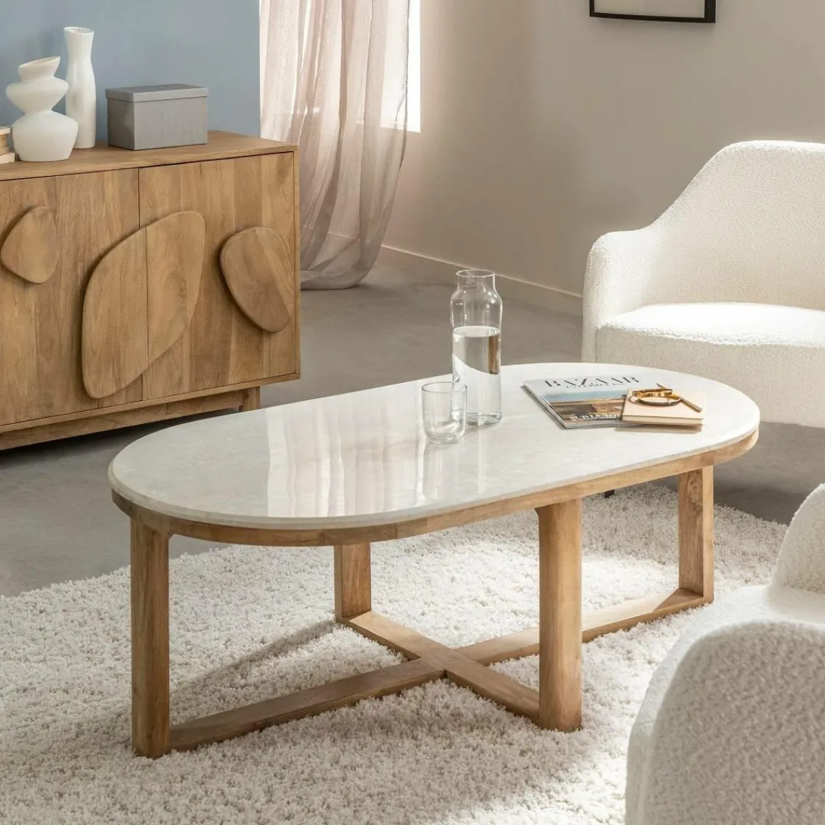 Made in Meubles Table basse en bois de manguier et marbre Moana