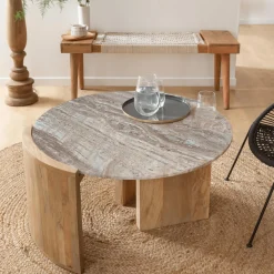 Made in Meubles Table basse en bois de manguier et marbre Isabella