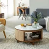 Made in Meubles Table basse en bois de manguier, cannage et marbre Brook