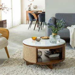 Made in Meubles Table basse en bois de manguier, cannage et marbre Brook