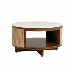 Made in Meubles Table basse en bois de manguier, cannage et marbre Brook