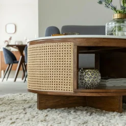 Made in Meubles Table basse en bois de manguier, cannage et marbre Brook