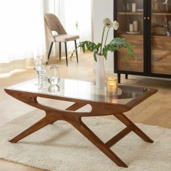 Made in Meubles Table basse en bois de manguier et verre Alina