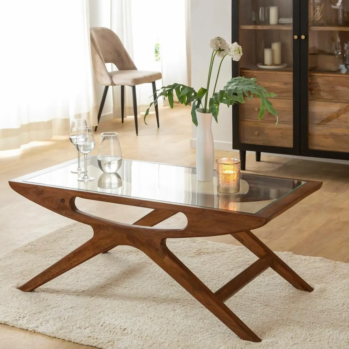 Made in Meubles Table basse en bois de manguier et verre Alina