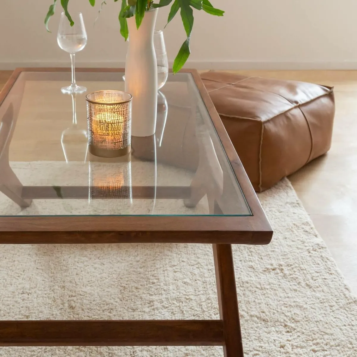 Made in Meubles Table basse en bois de manguier et verre Alina