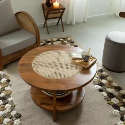 Made in Meubles Table basse en bois de manguier et cannage Zuria