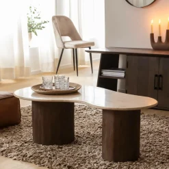 Made in Meubles Table basse en bois de manguier et en travertin Carola