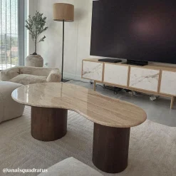 Made in Meubles Table basse en bois de manguier et en travertin Carola