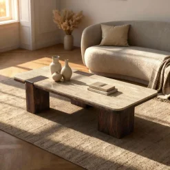 Made in Meubles Table basse en bois de manguier et travertin Carola