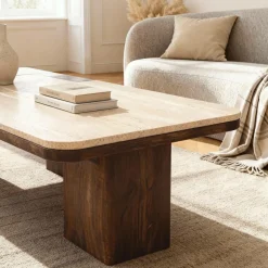 Made in Meubles Table basse en bois de manguier et travertin Carola