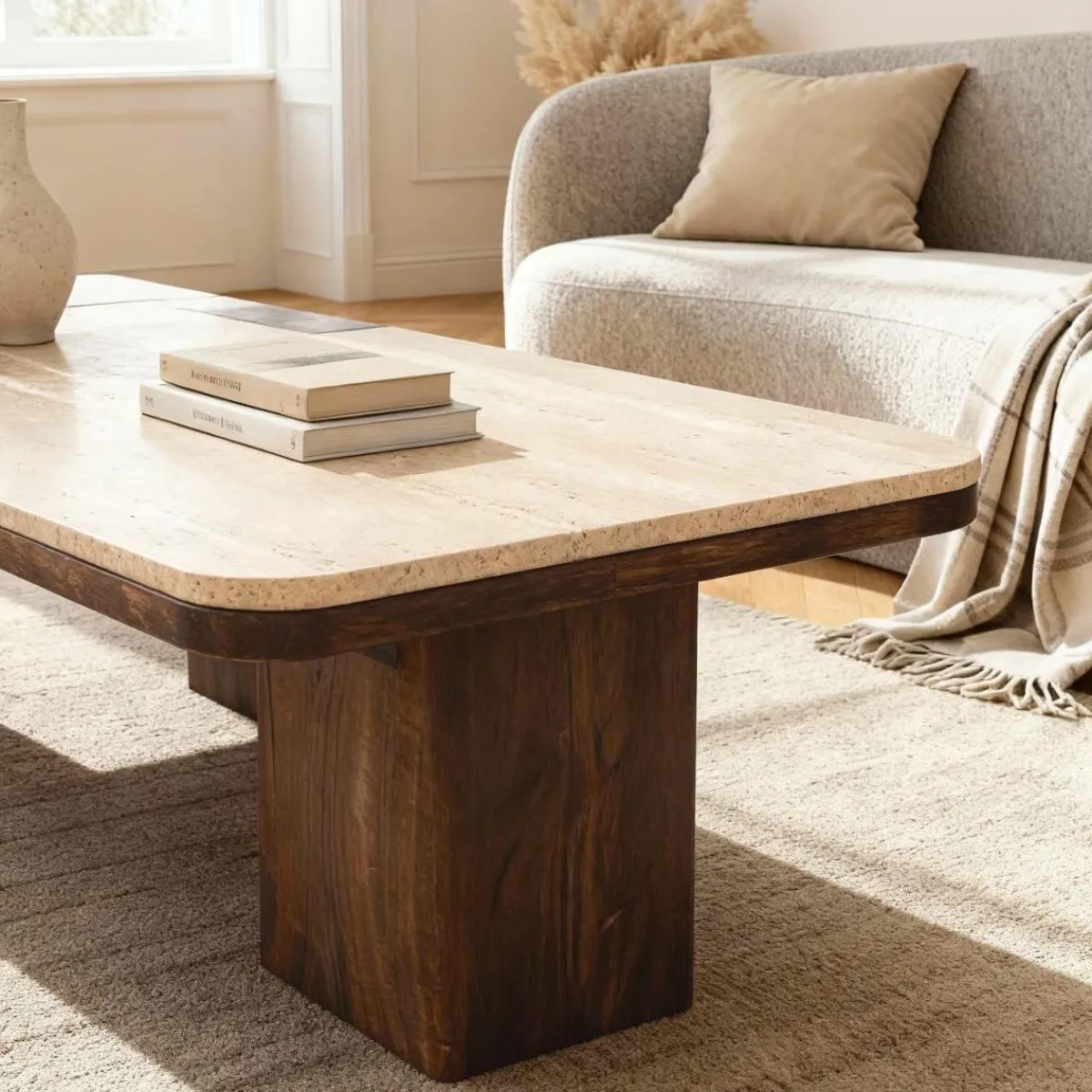 Made in Meubles Table basse en bois de manguier et travertin Carola