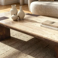 Made in Meubles Table basse en bois de manguier et travertin Carola