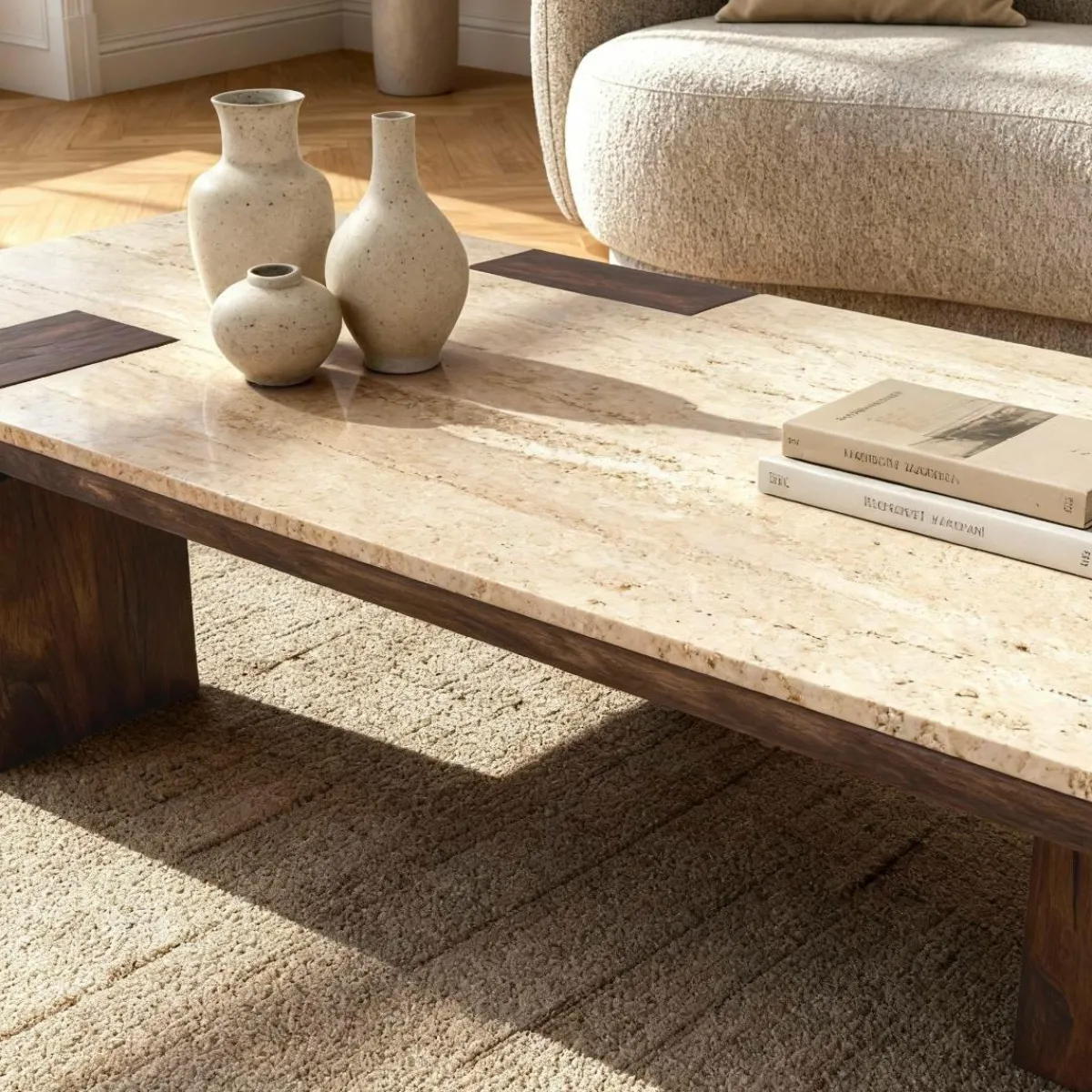 Made in Meubles Table basse en bois de manguier et travertin Carola