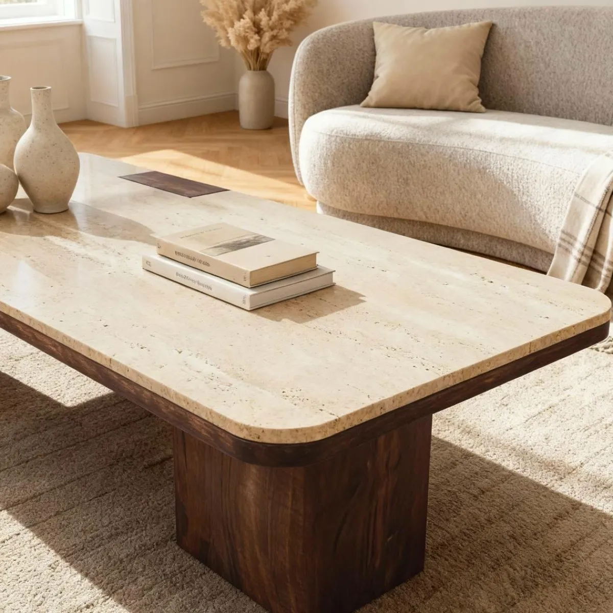 Made in Meubles Table basse en bois de manguier et travertin Carola