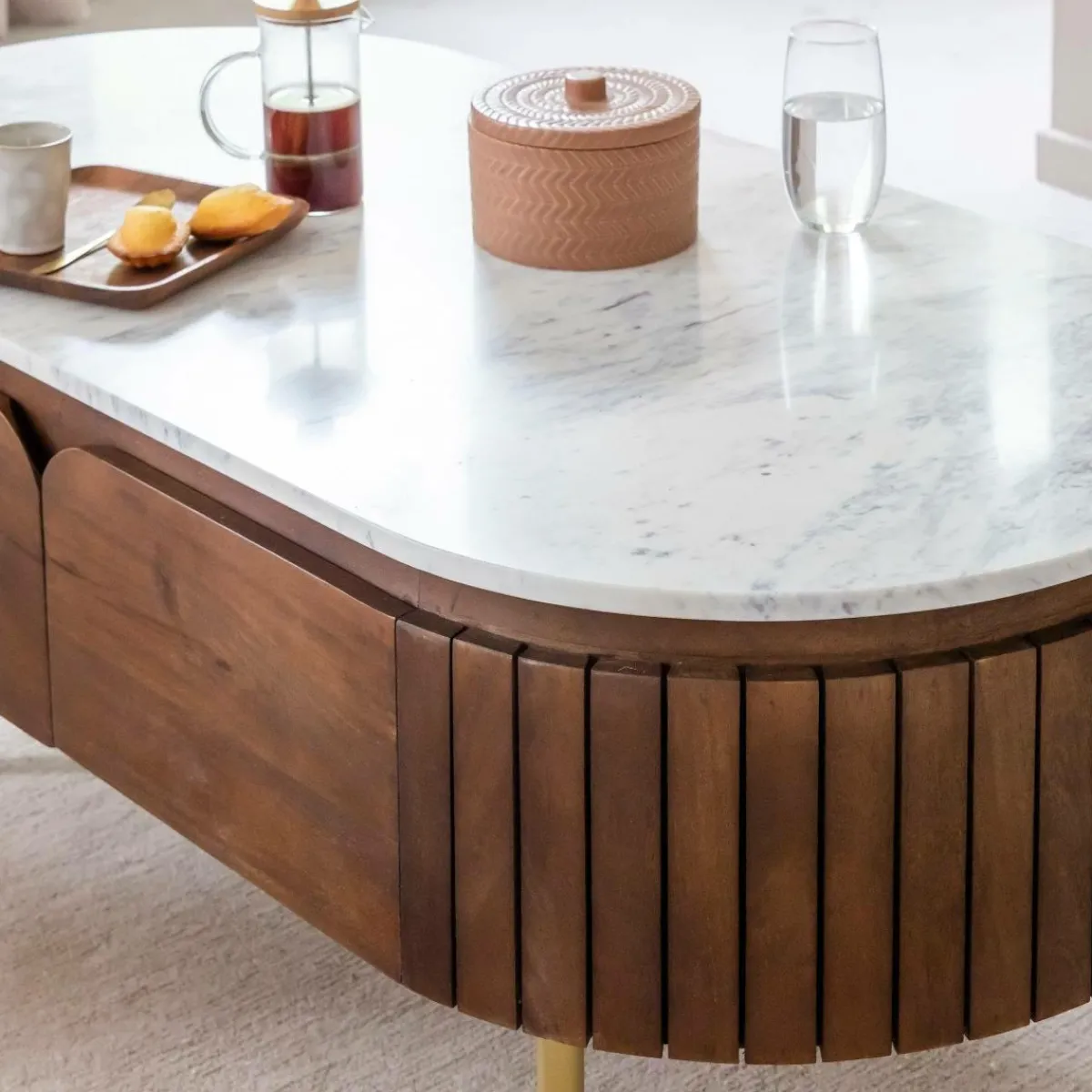 Made in Meubles Table basse en bois de manguier et marbre Sienne