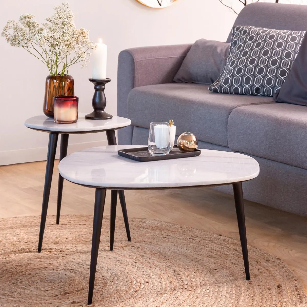 Made in Meubles Table basse gigogne en marbre blanc Ariane