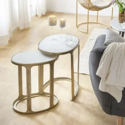 Made in Meubles Table basse gigogne en marbre et aluminium Ruben