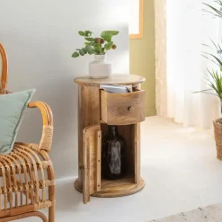 Made in Meubles Table de chevet ronde en bois de manguier avec porte Maëva