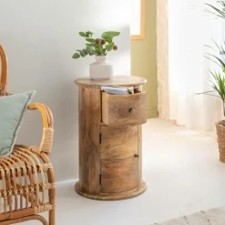 Made in Meubles Table de chevet ronde en bois de manguier avec porte Maëva