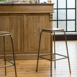 Made in Meubles Tabouret de bar écolier métal et bois 69 cm Marcus