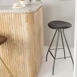 Made in Meubles Tabouret de bar en cuir gris et métal Lya