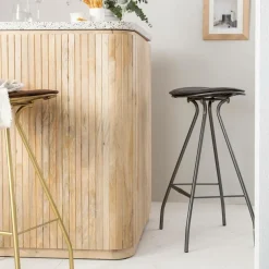 Made in Meubles Tabouret de bar en cuir gris et métal Lya
