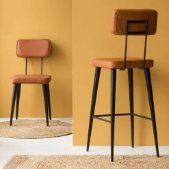 Made in Meubles Tabouret de bar en cuir marron et métal noir Victoire