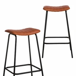 Made in Meubles Tabouret de bar en cuir marron et métal Alexandre (lot de 2)
