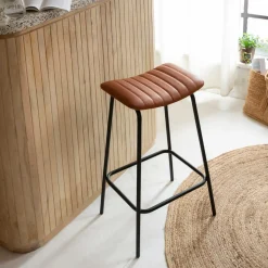 Made in Meubles Tabouret de bar en cuir marron et métal Alexandre (lot de 2)