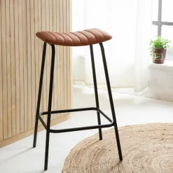Made in Meubles Tabouret de bar en cuir marron et métal Alexandre (lot de 2)