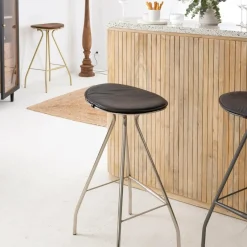 Made in Meubles Tabouret de bar en cuir noir et métal Lya