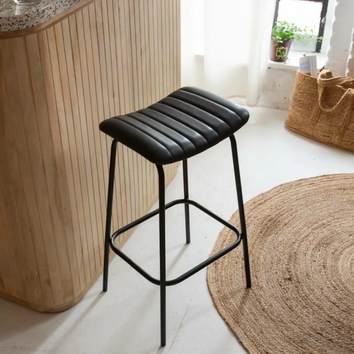 Made in Meubles Tabouret de bar en cuir noir et métal Alexandre (lot de 2)