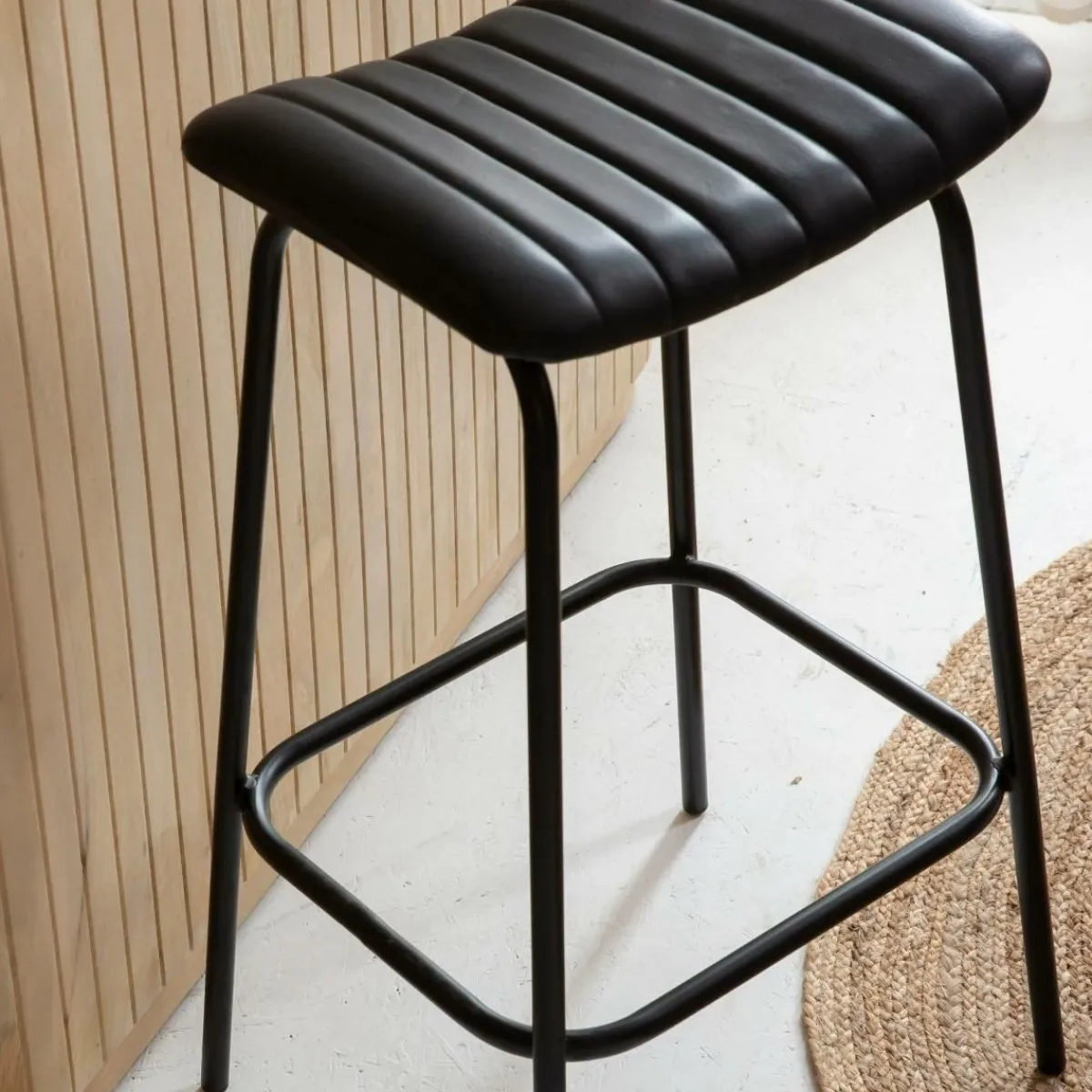 Made in Meubles Tabouret de bar en cuir noir et métal Alexandre (lot de 2)