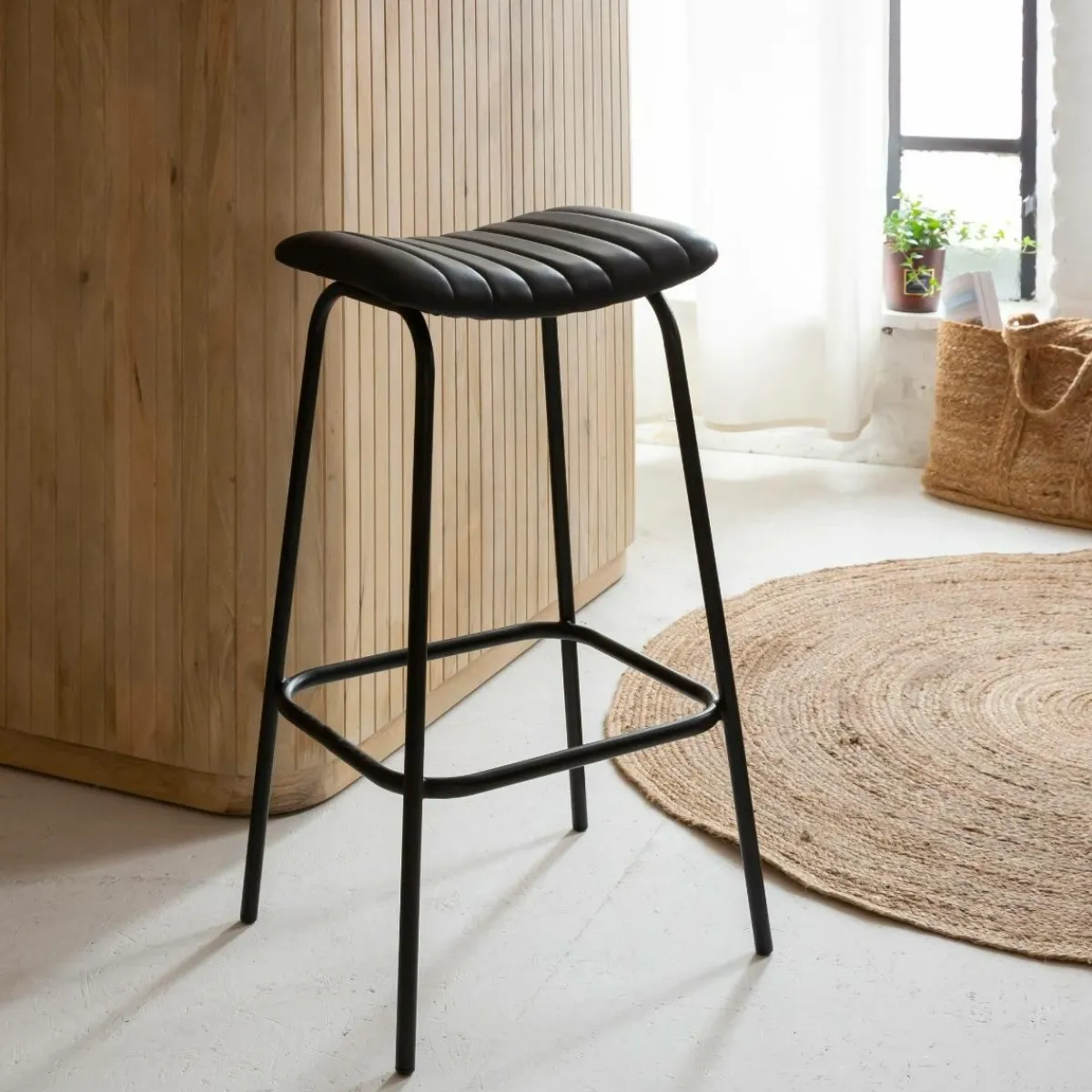 Made in Meubles Tabouret de bar en cuir noir et métal Alexandre (lot de 2)