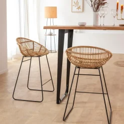 Made in Meubles Tabouret de bar rond en rotin et métal Calvi